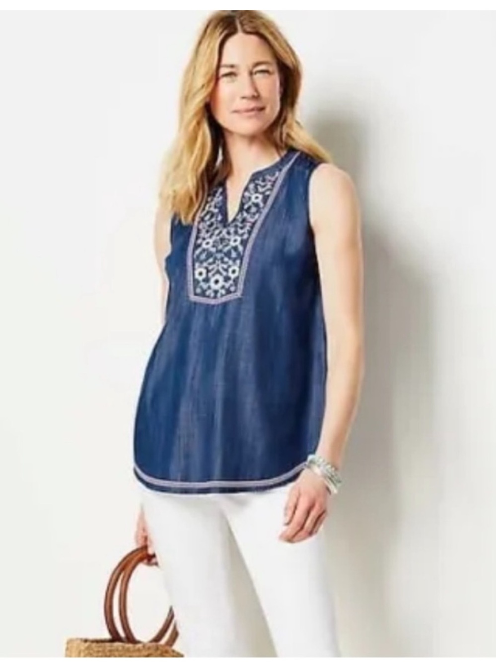 J. Jill Denim Gorgeous Floral Embellished Indigo Sleeveless Top. Medium. NWT.